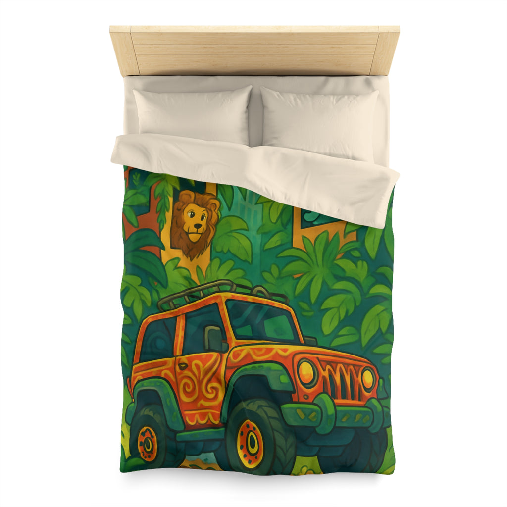 Housse de couette vibrante jungle aventure avec animaux et véhicule tout-terrain colorés