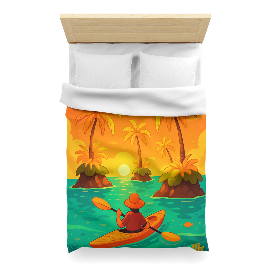 Housse de couette tropicale vibrante avec kayak, palmiers et perroquets au coucher de soleil