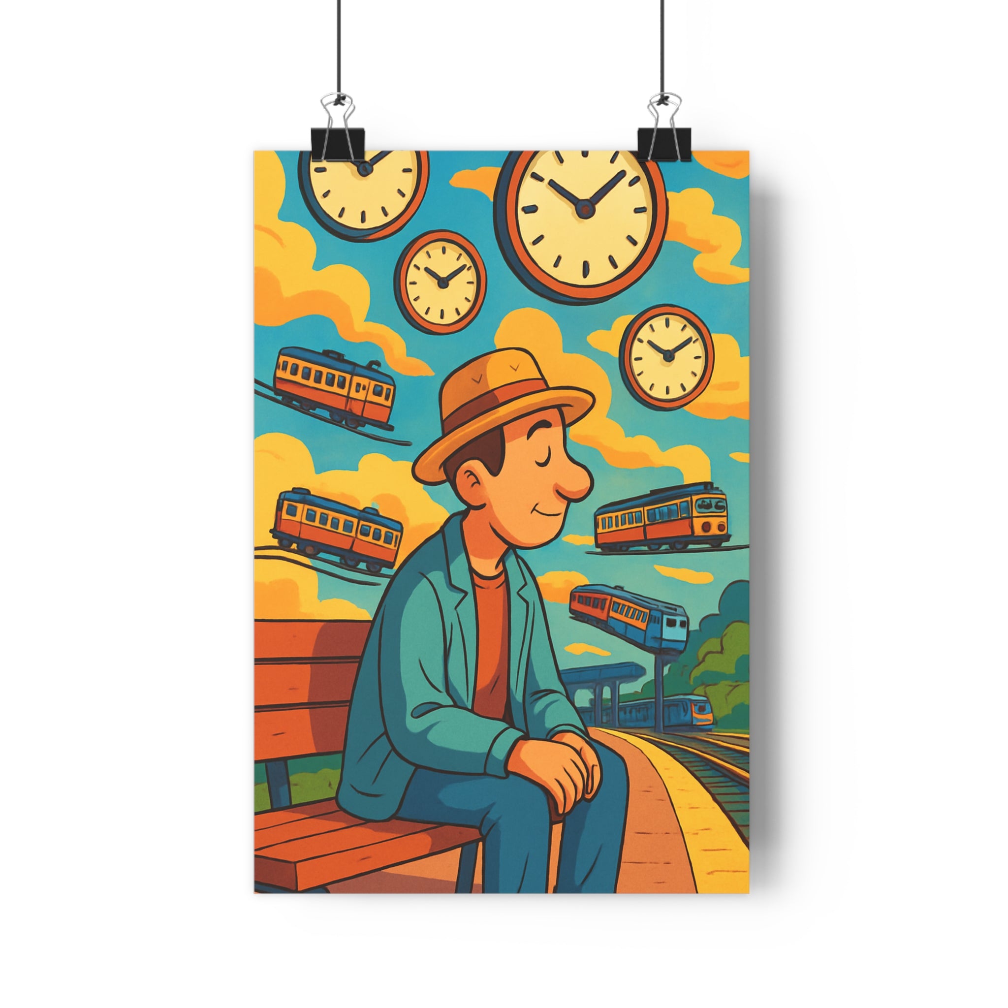 Poster décoratif surréaliste pastel bleu orange jaune fantastique apaisant salon bureau dessin animé qualité