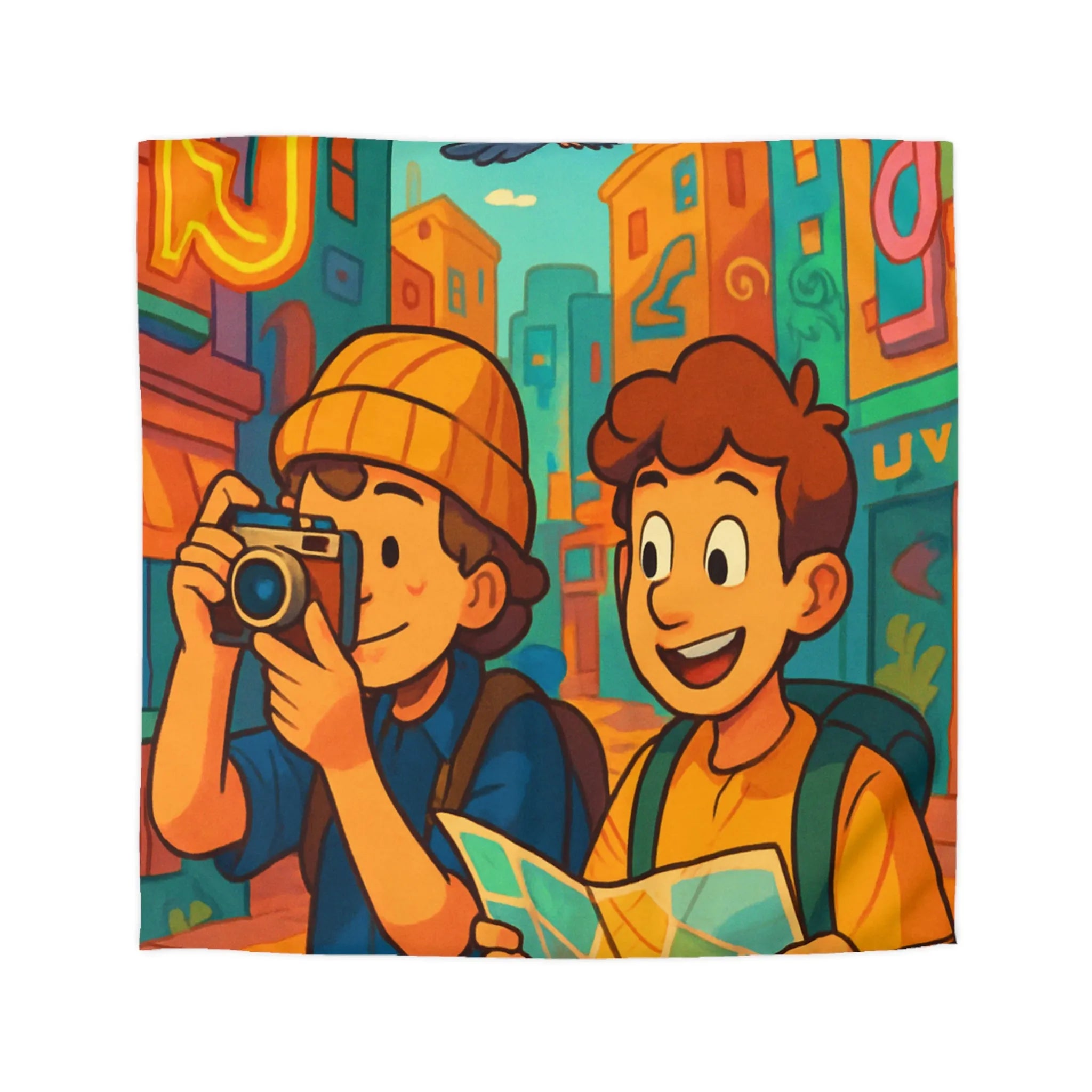 Housse de Couette Colorée avec Illustration de Voyageurs Urbains et Oiseaux Animés