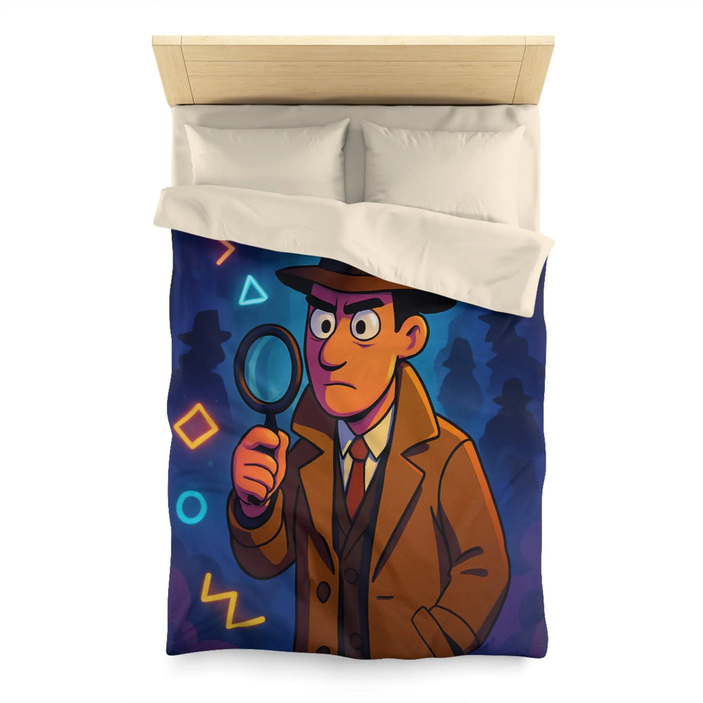 Housse de couette détective rétro avec formes géométriques colorées et ambiance nocturne mystérieuse