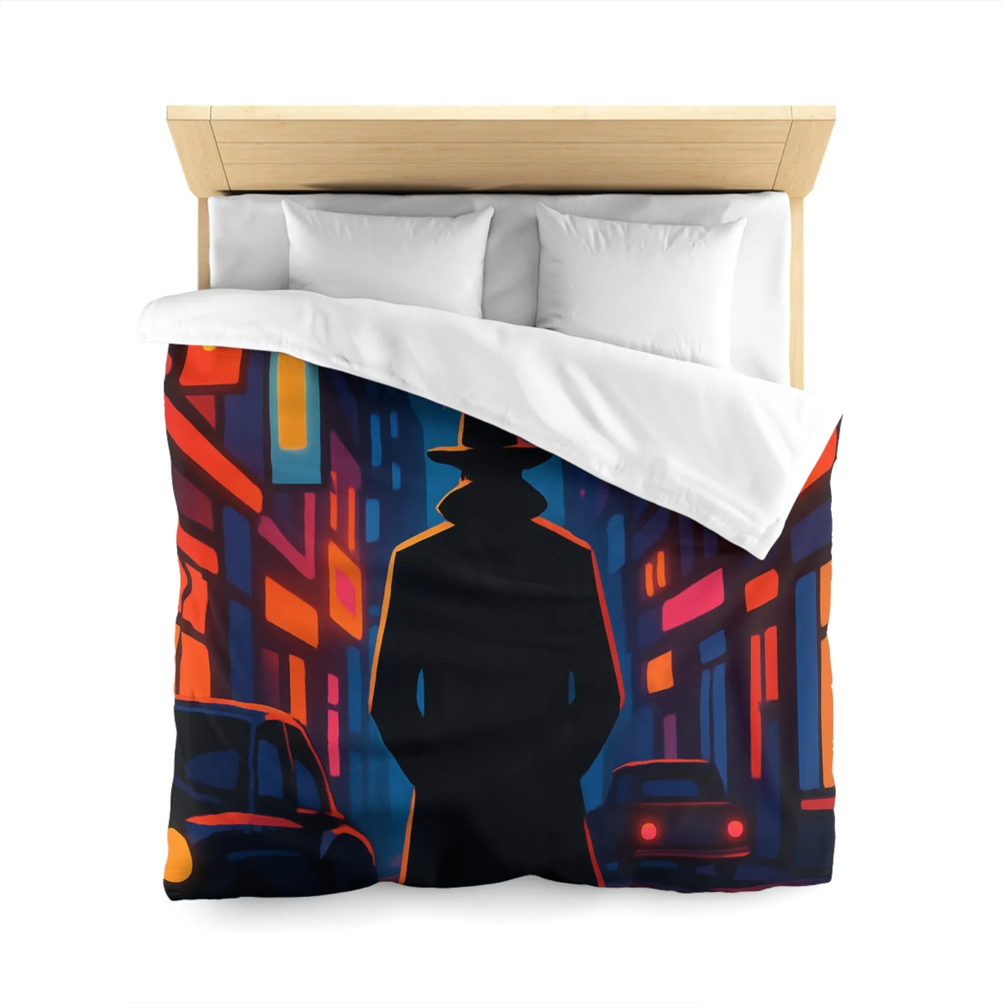 Housse de couette avec silhouette urbaine rétro, lune mystérieuse et néons intenses