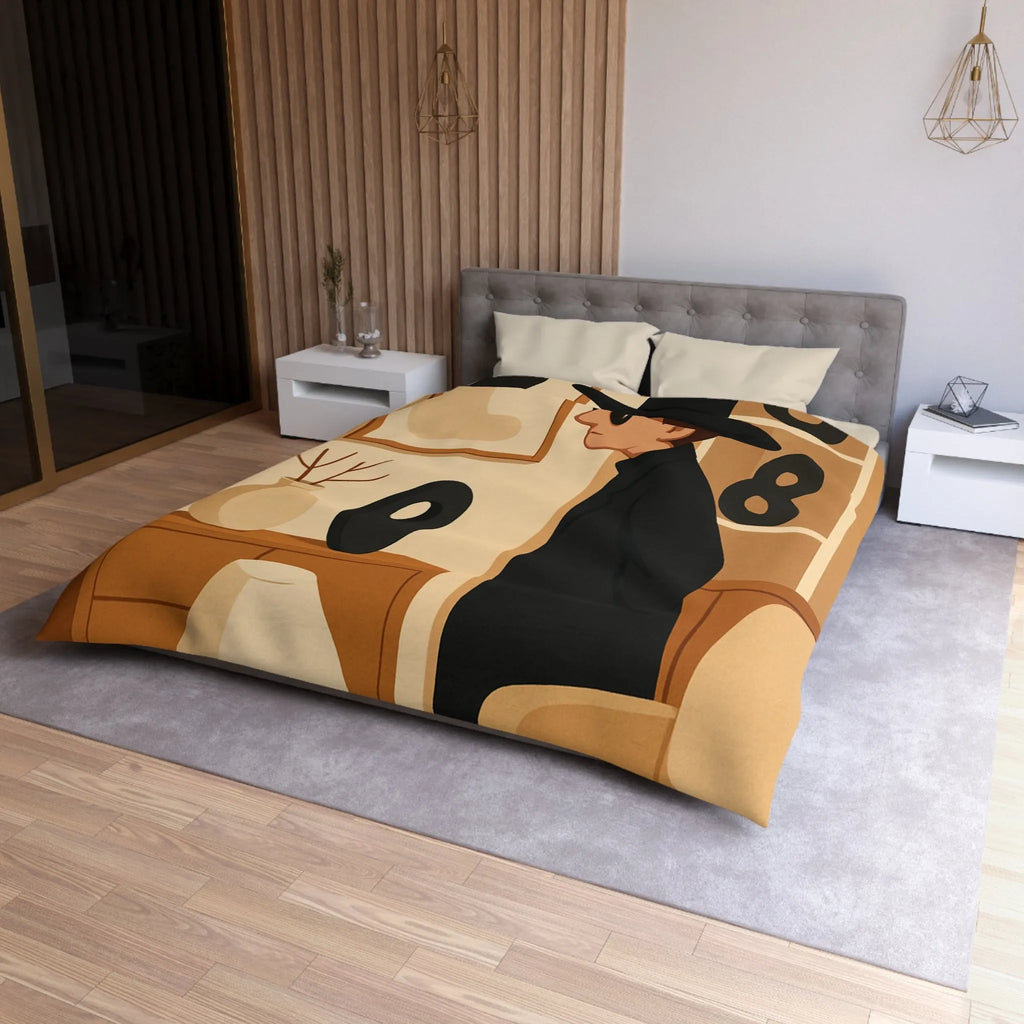 Élégant homme en noir dans salon moderne minimaliste aux accents artistiques abstraits