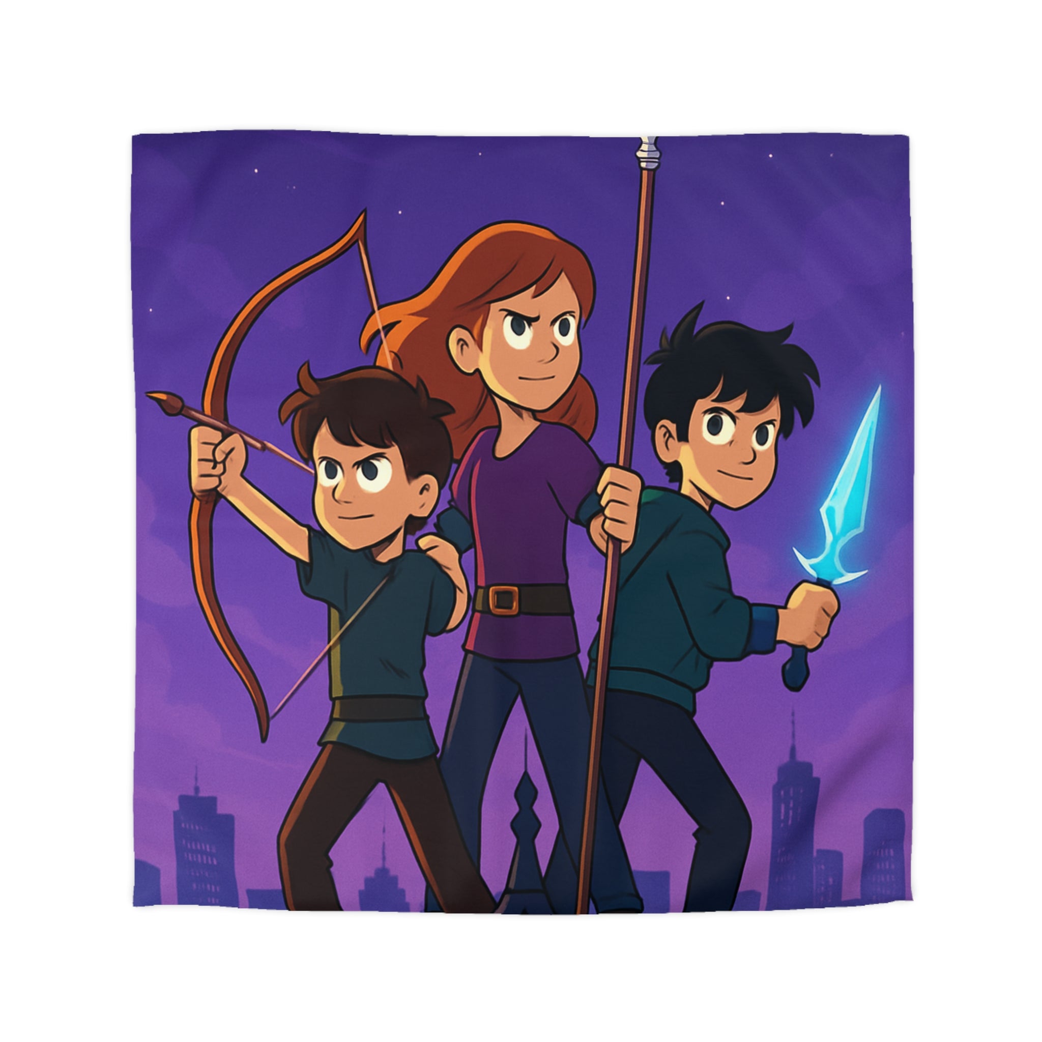 Housse de couette urbaine illustrée, ambiance aventure mystique avec enfants et armes