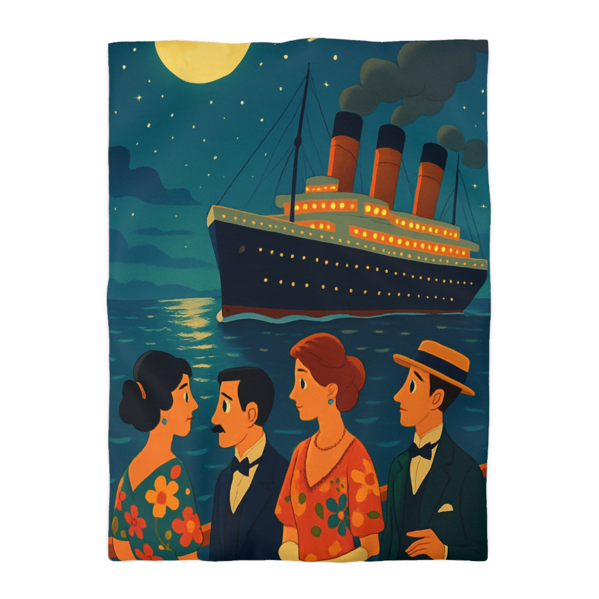 Housse de couette vintage croisière sous la lune, couples élégants et bateau luxueux