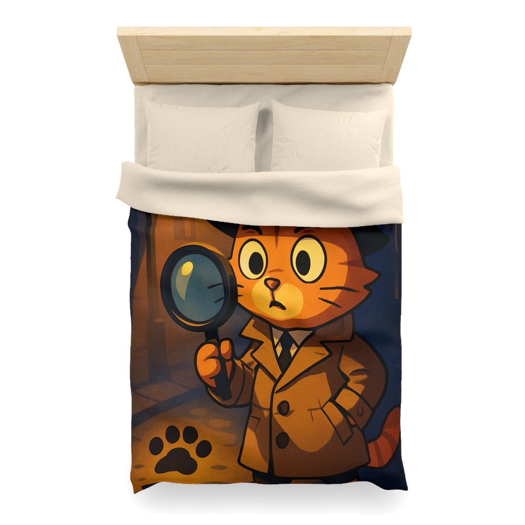 Housse de couette motif chat détective illustré avec lampe et empreinte mystérieuse