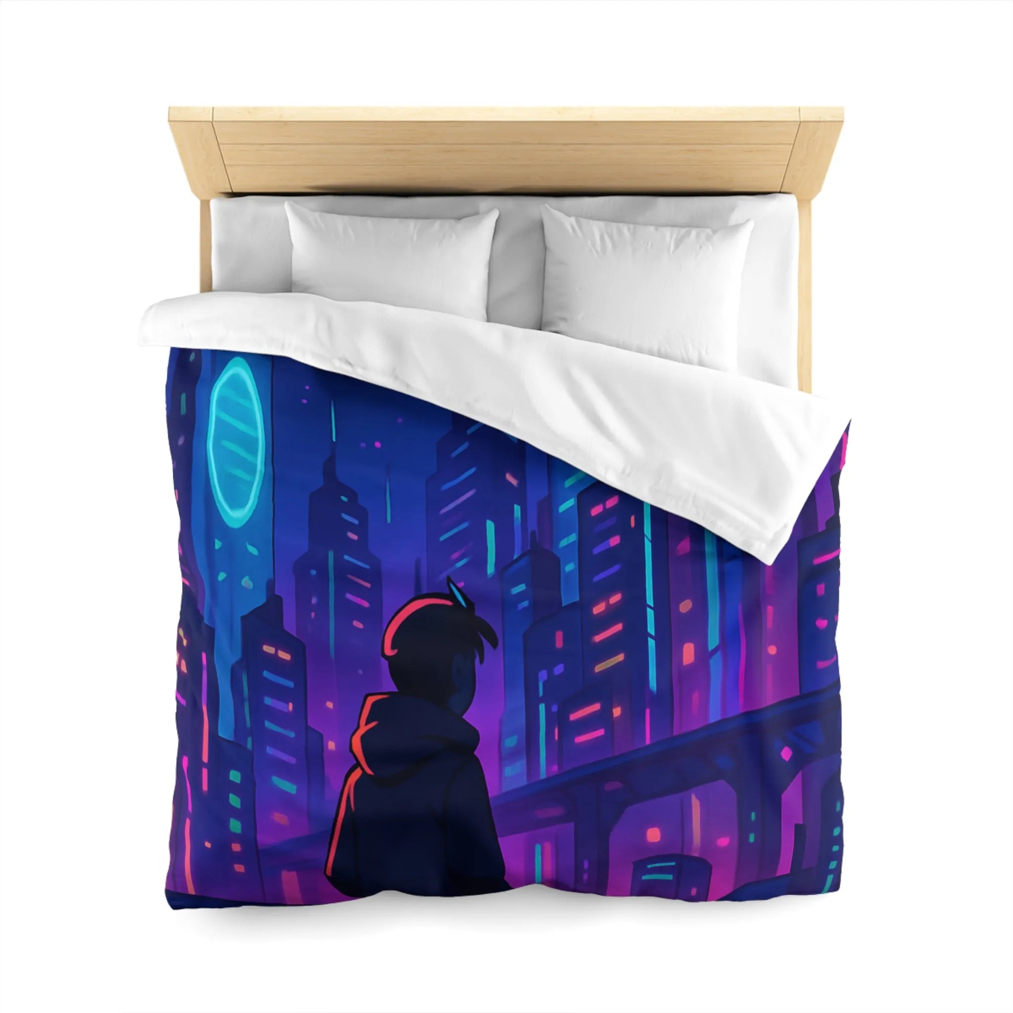 Housse de couette futuriste avec skyline néon vibrant et silhouette étoilée