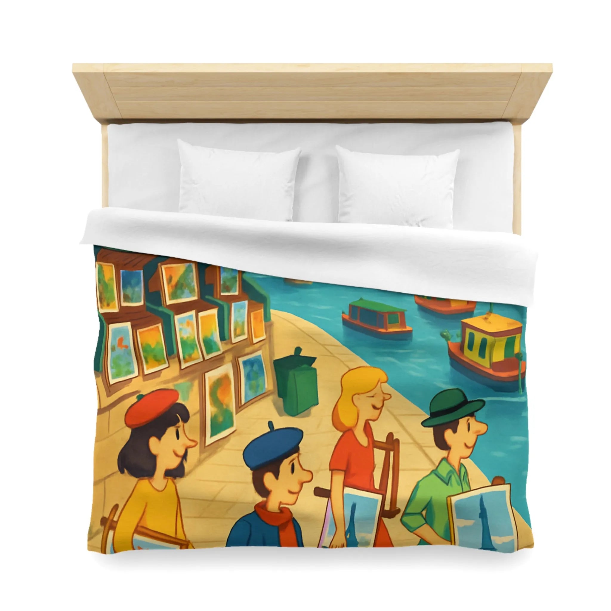 Housse de couette artistique thème parisien avec scènes de quai colorées et peintres joyeux