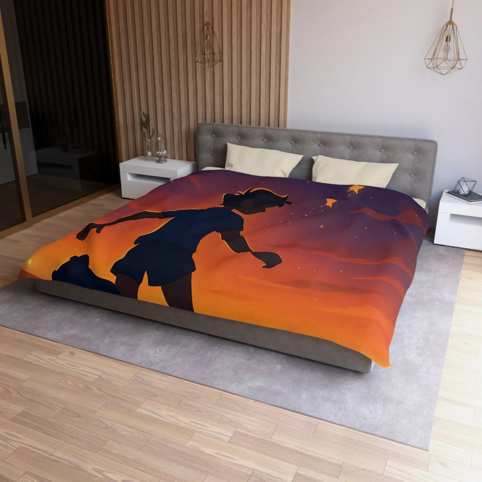 Housse de couette illustrée de garçon jouant au football sous un ciel étoilé inspirant