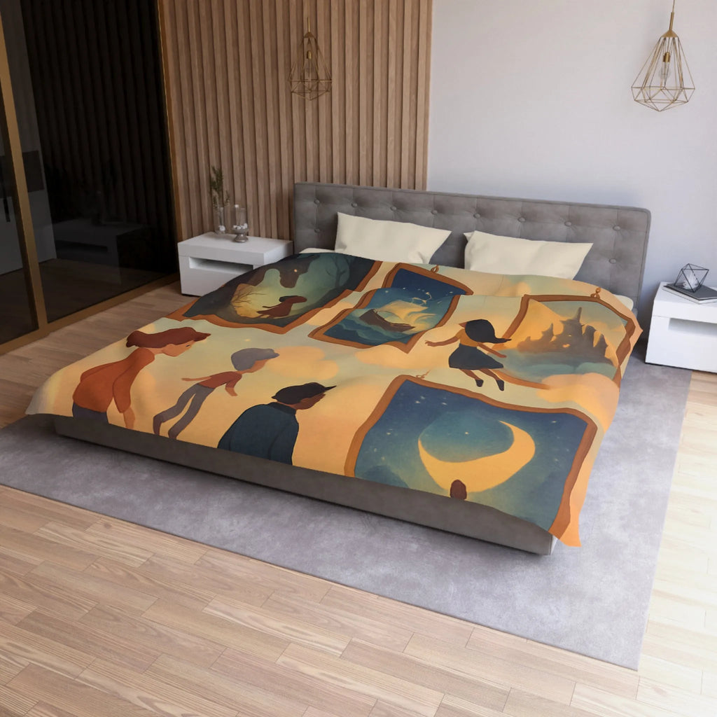 Housse de couette avec enfants volant parmi des tableaux de contes et de rêves