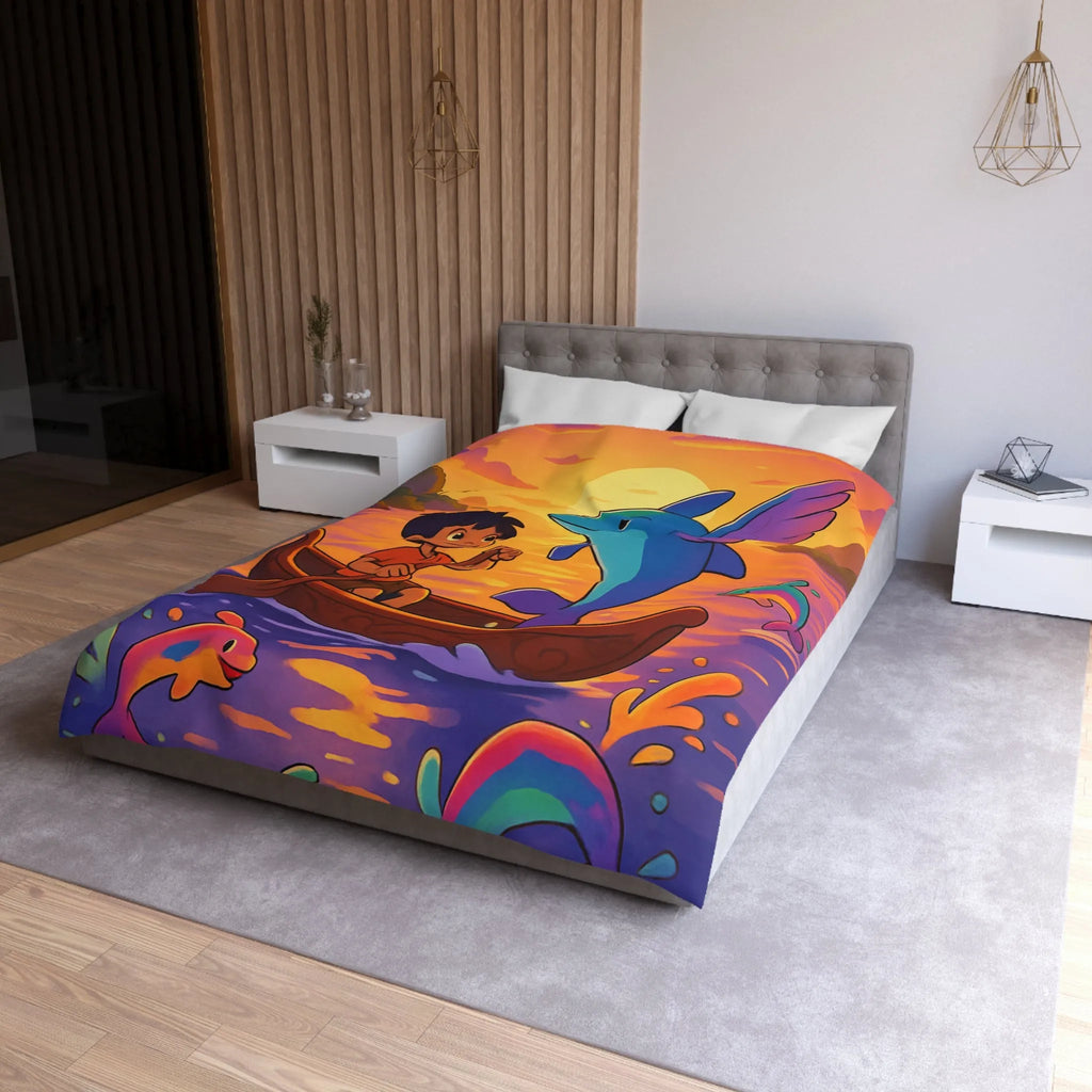 Housse de Couette Enfant : Dauphin Bleu, Aventure en Barque, Coucher de Soleil