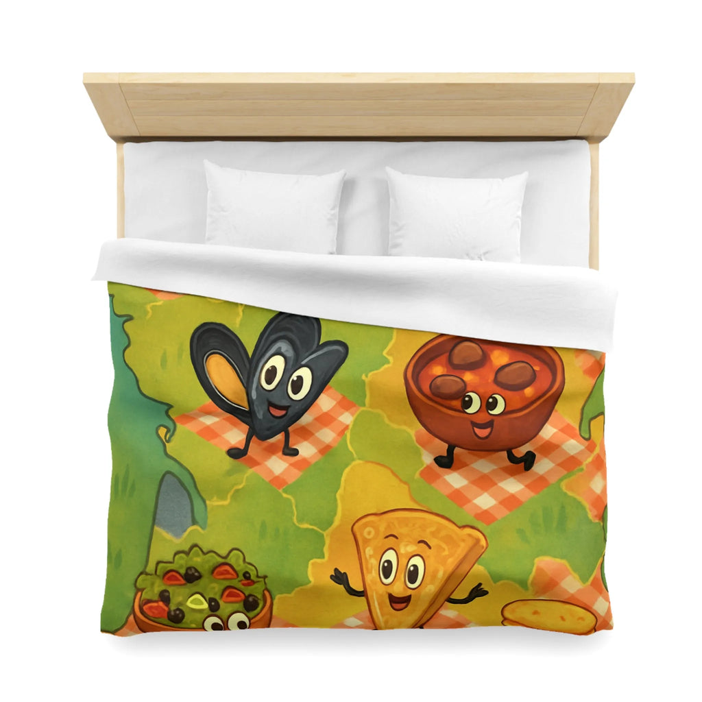 Housse de couette colorée avec motif ludique de spécialités culinaires françaises
