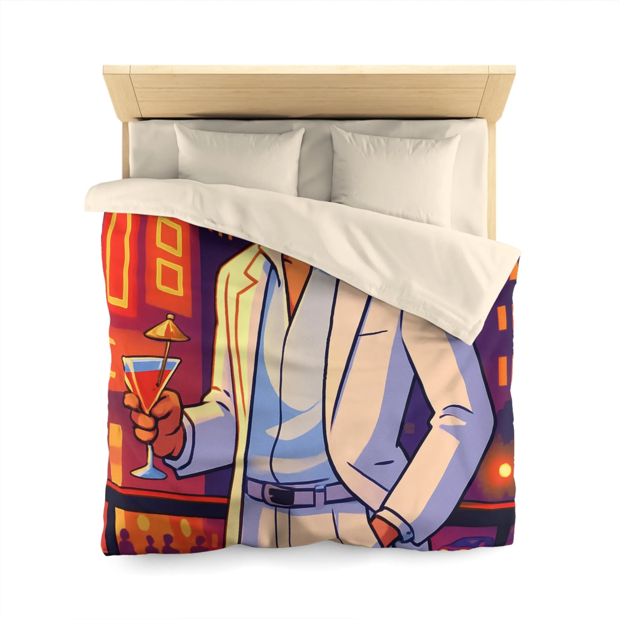 Housse de Couette Élégante avec Illustration Nocturne, Martini et Élégant Costume Blanc