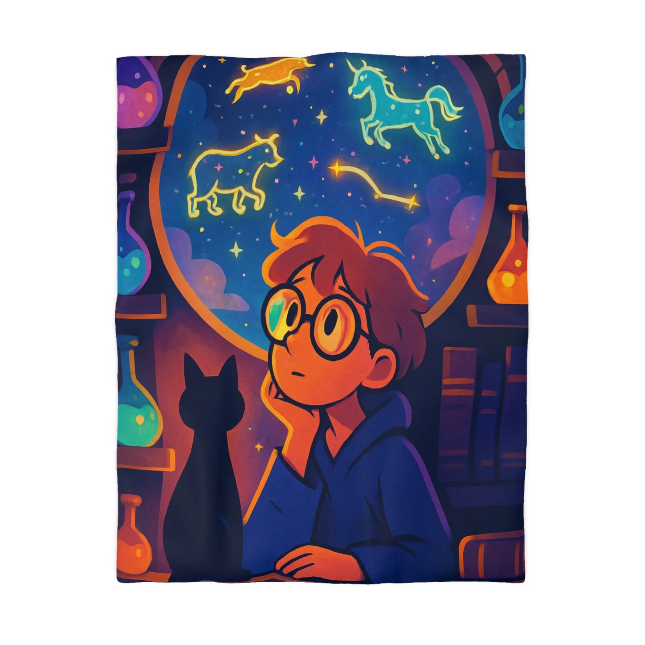 Housse de couette avec jeune rêveur et ciel étoilé magique pour ambiance féerique