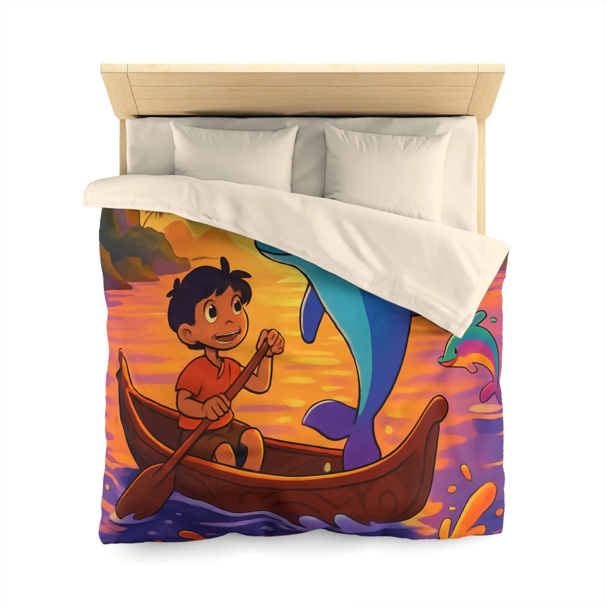 Housse de Couette Enfant : Dauphin Bleu, Aventure en Barque, Coucher de Soleil