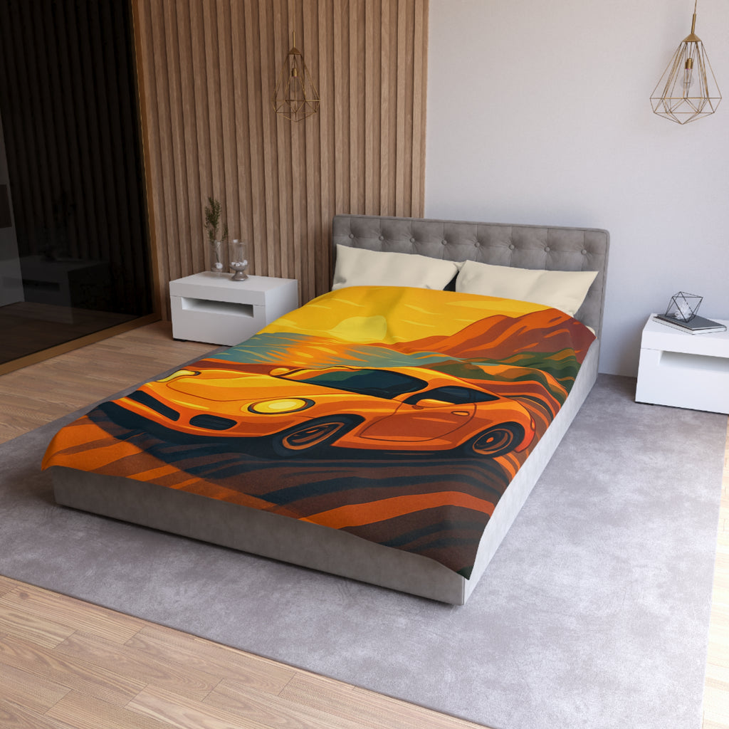 Housse de couette voiture sportive orange route côtière coucher de soleil paysage vibrant