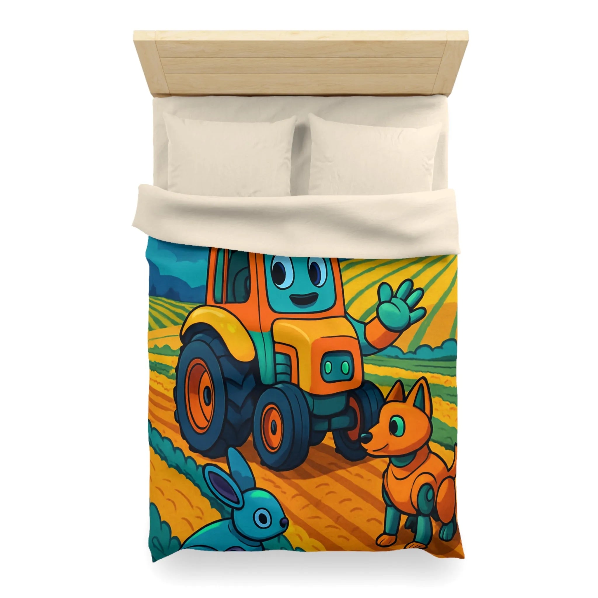 Housse de couette colorée avec tracteur joyeux, robots animaux et scène de ferme nocturne