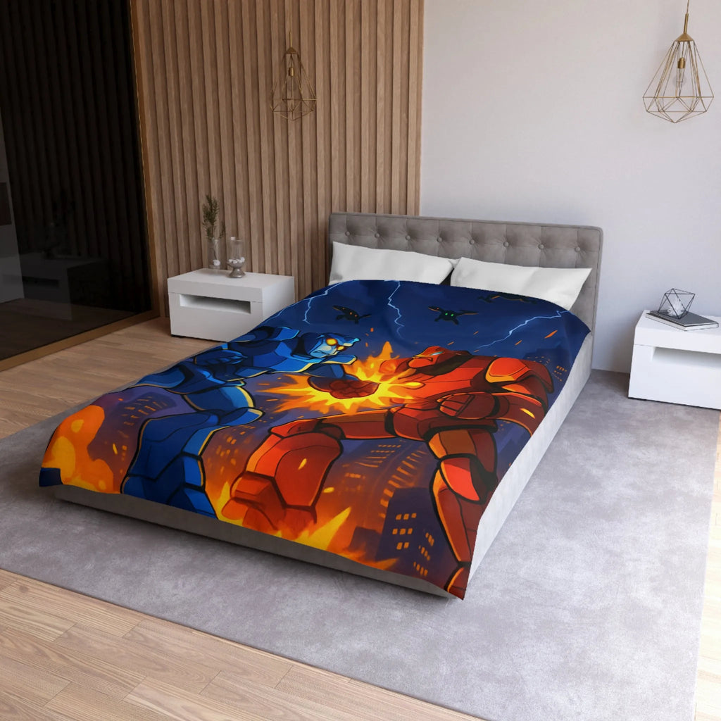 Housse de couette futuriste robots en combat dans une ville éclairée par l'orage