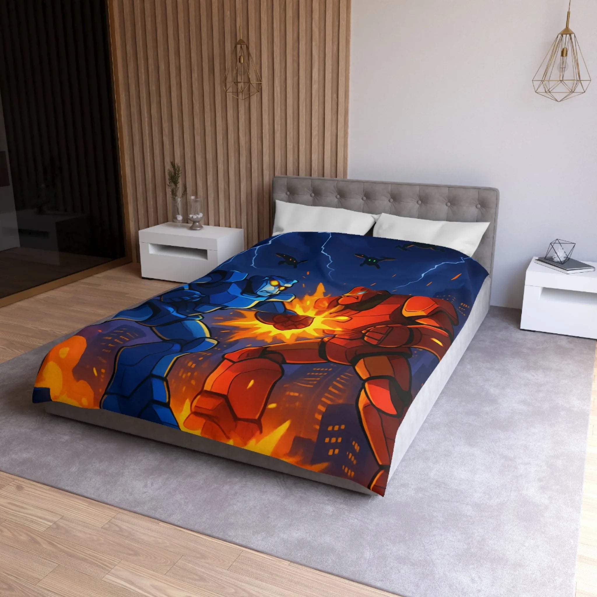 Housse de couette futuriste robots en combat dans une ville éclairée par l'orage