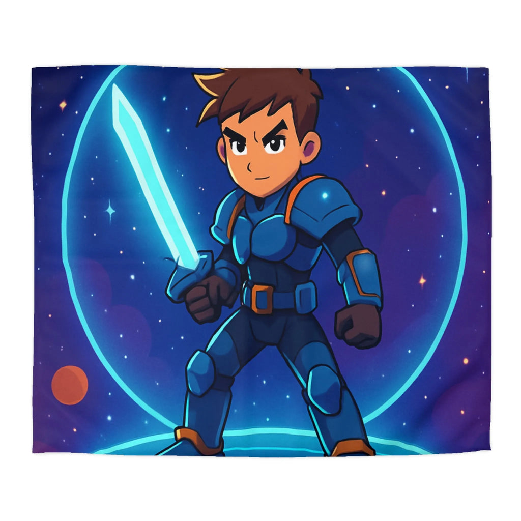 Ensemble galactique animé avec jeune héros et épée lumineuse sur fond cosmique vibrant