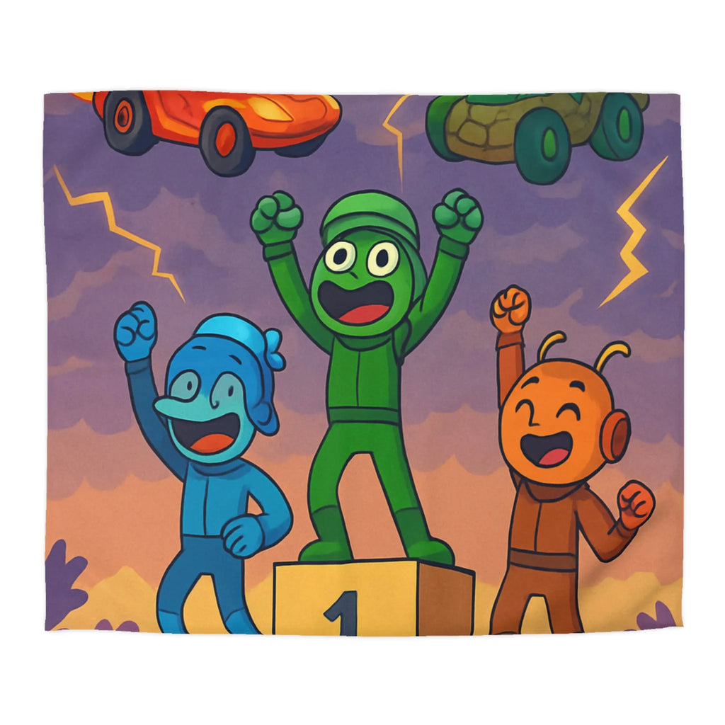 Housse de couette colorée avec podium de victoire et voitures exotiques dessinées