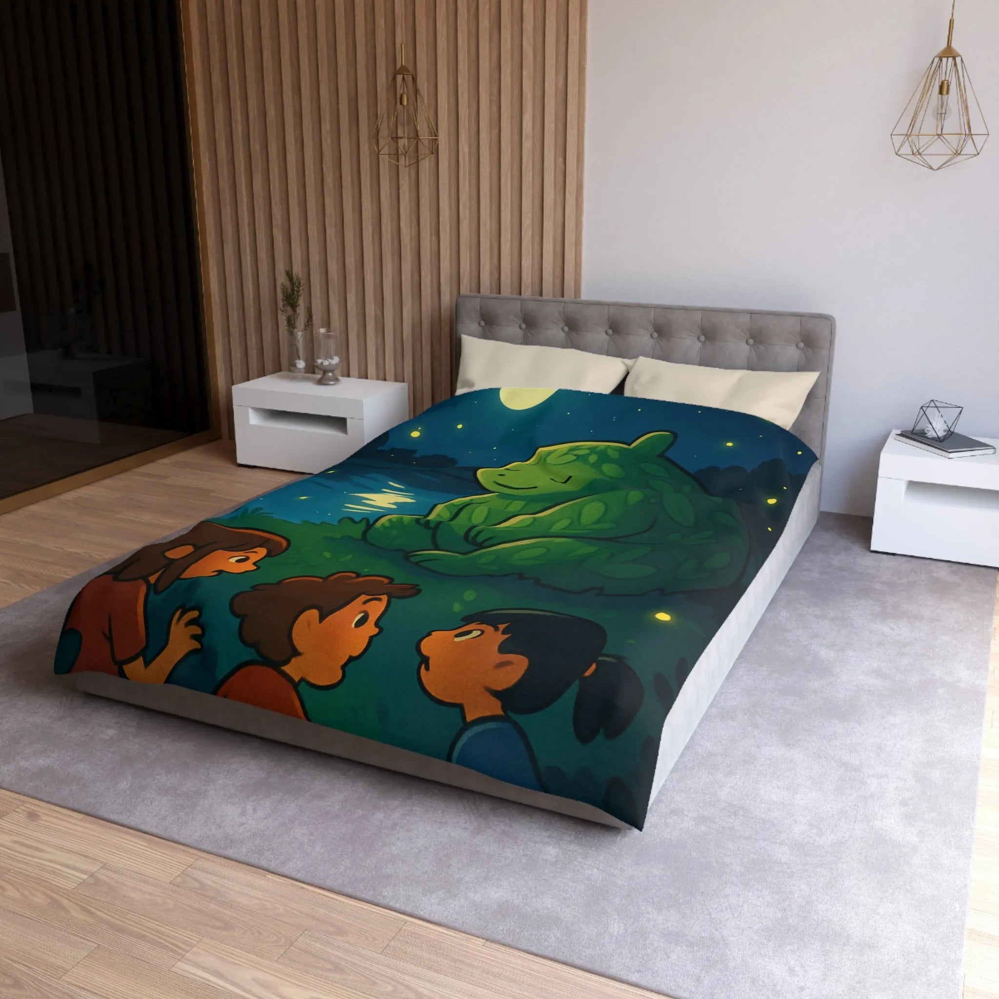 Housse de Couette Enchantée avec Ours Feuillu, Enfants et Nuit Étoilée