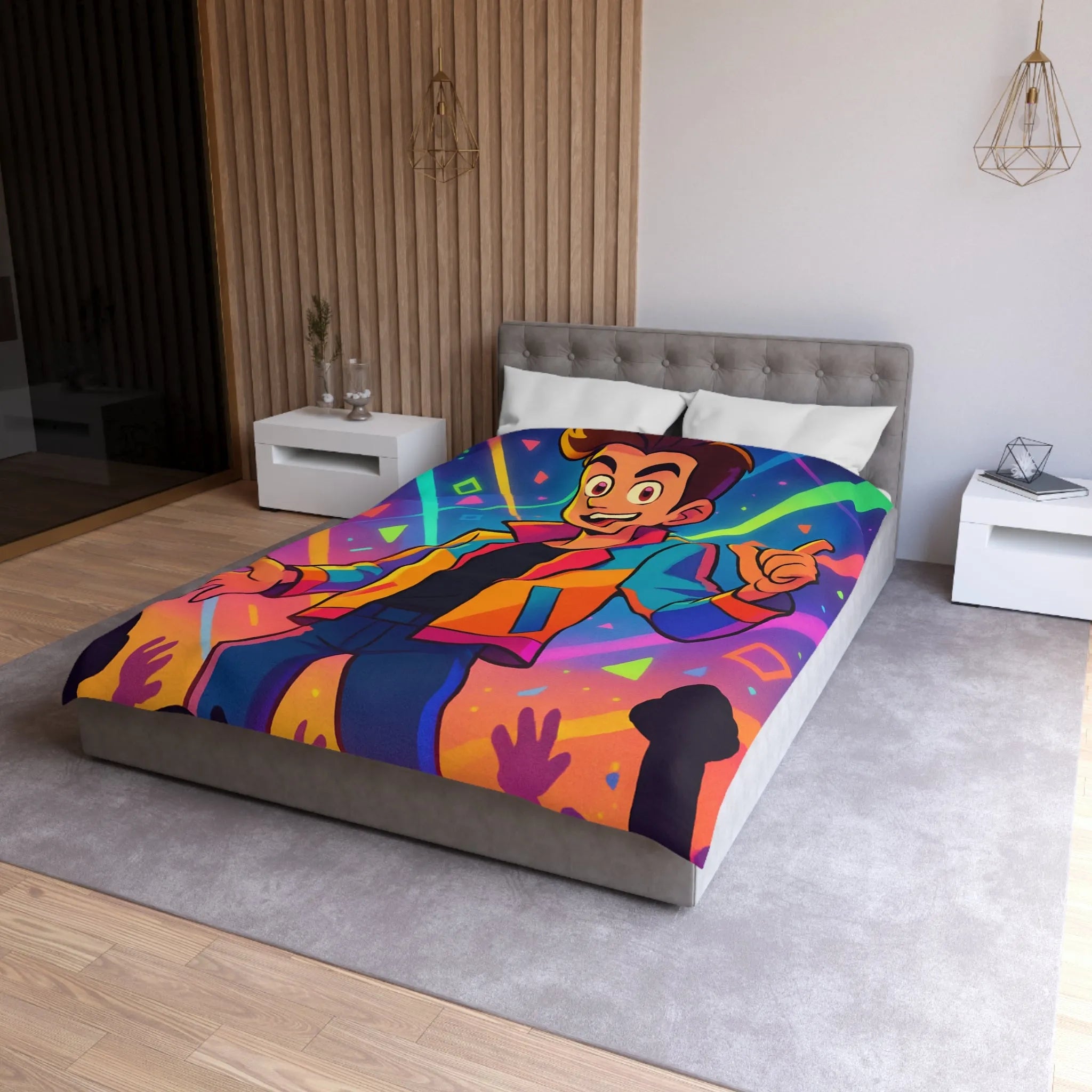 Housse de couette colorée avec personnage animé, haute énergie, motifs géométriques vibrants