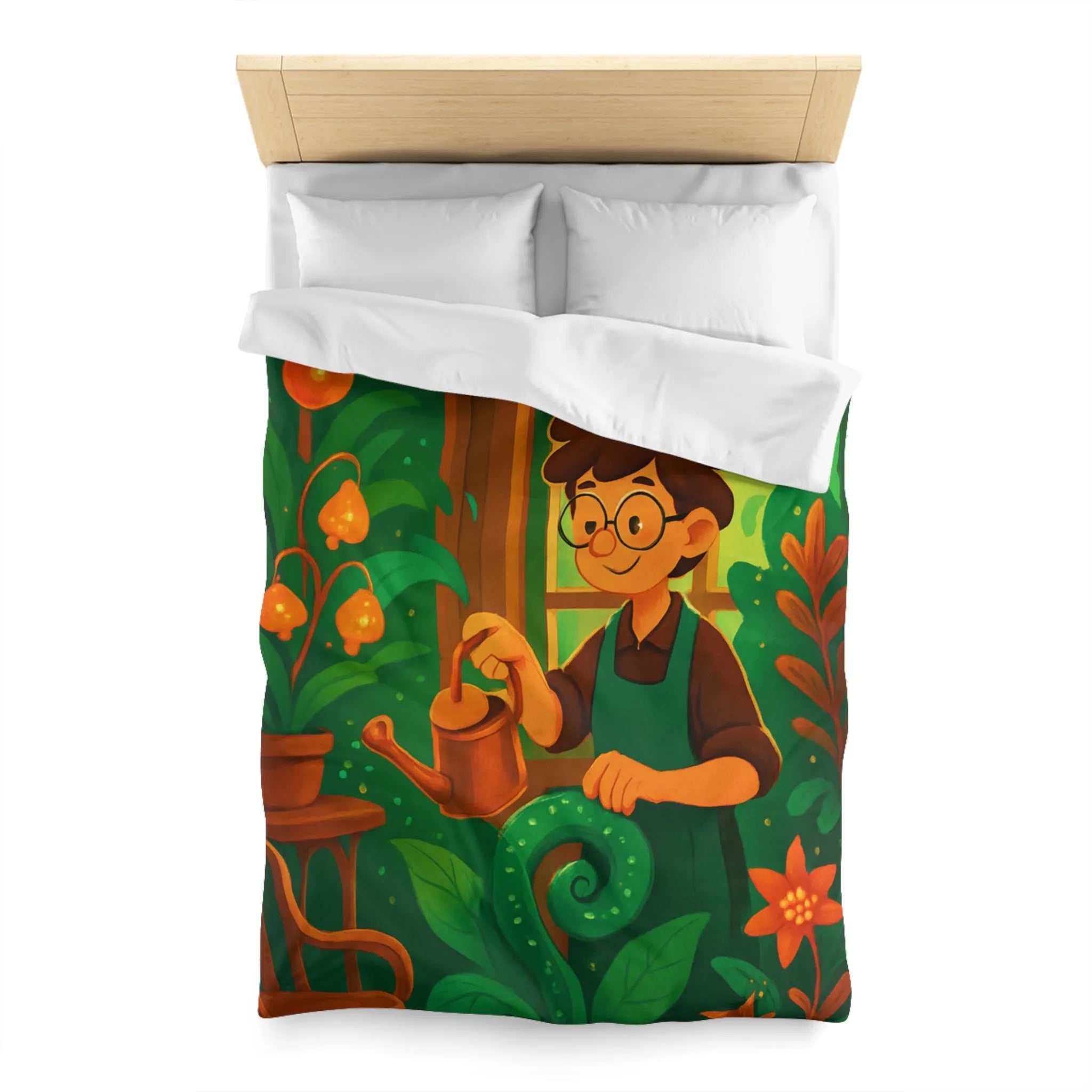 Housse de couette colorée avec illustration botanique d'intérieur et personnage jardinier animé