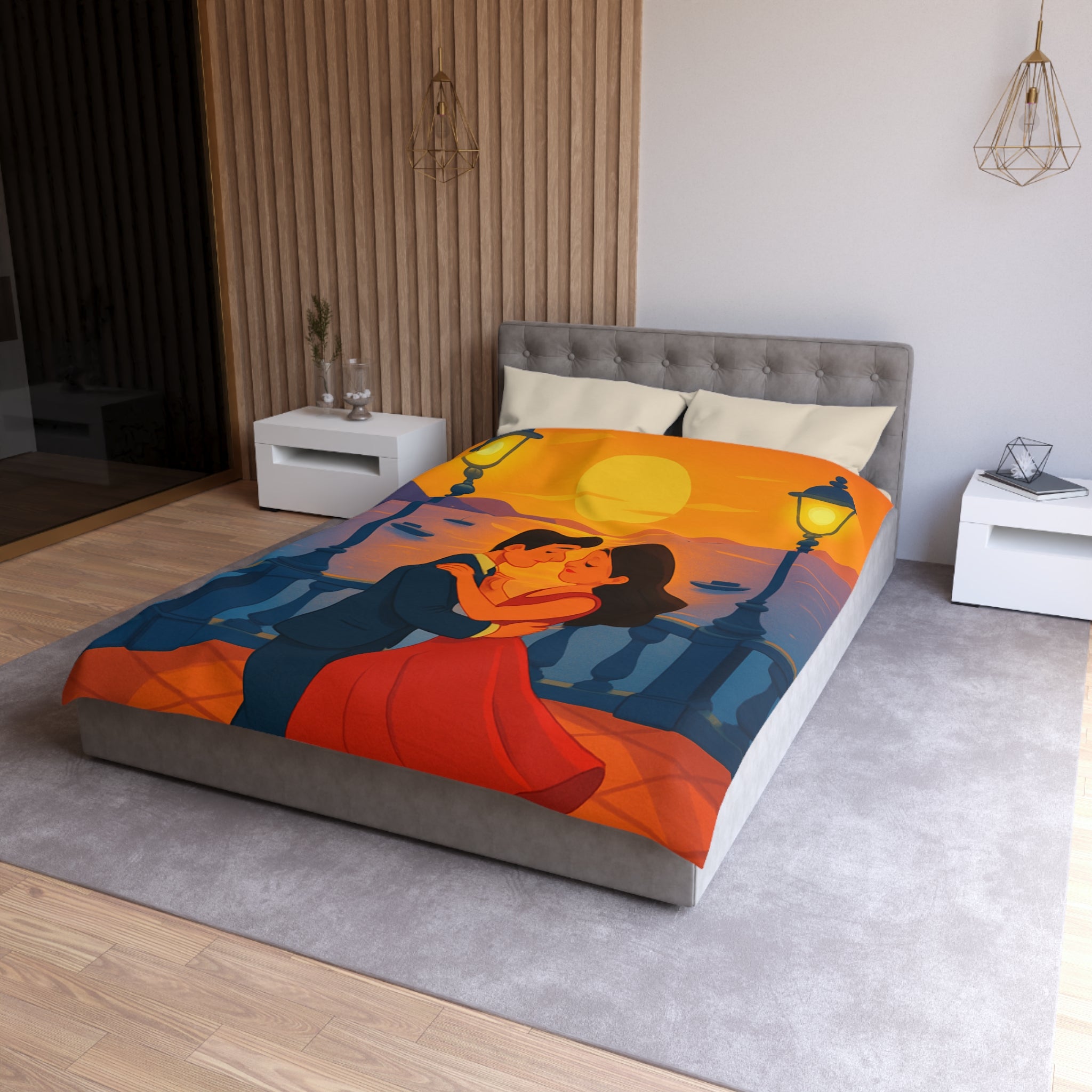 Housse de couette romantique coucher de soleil couple dansant au bord de mer