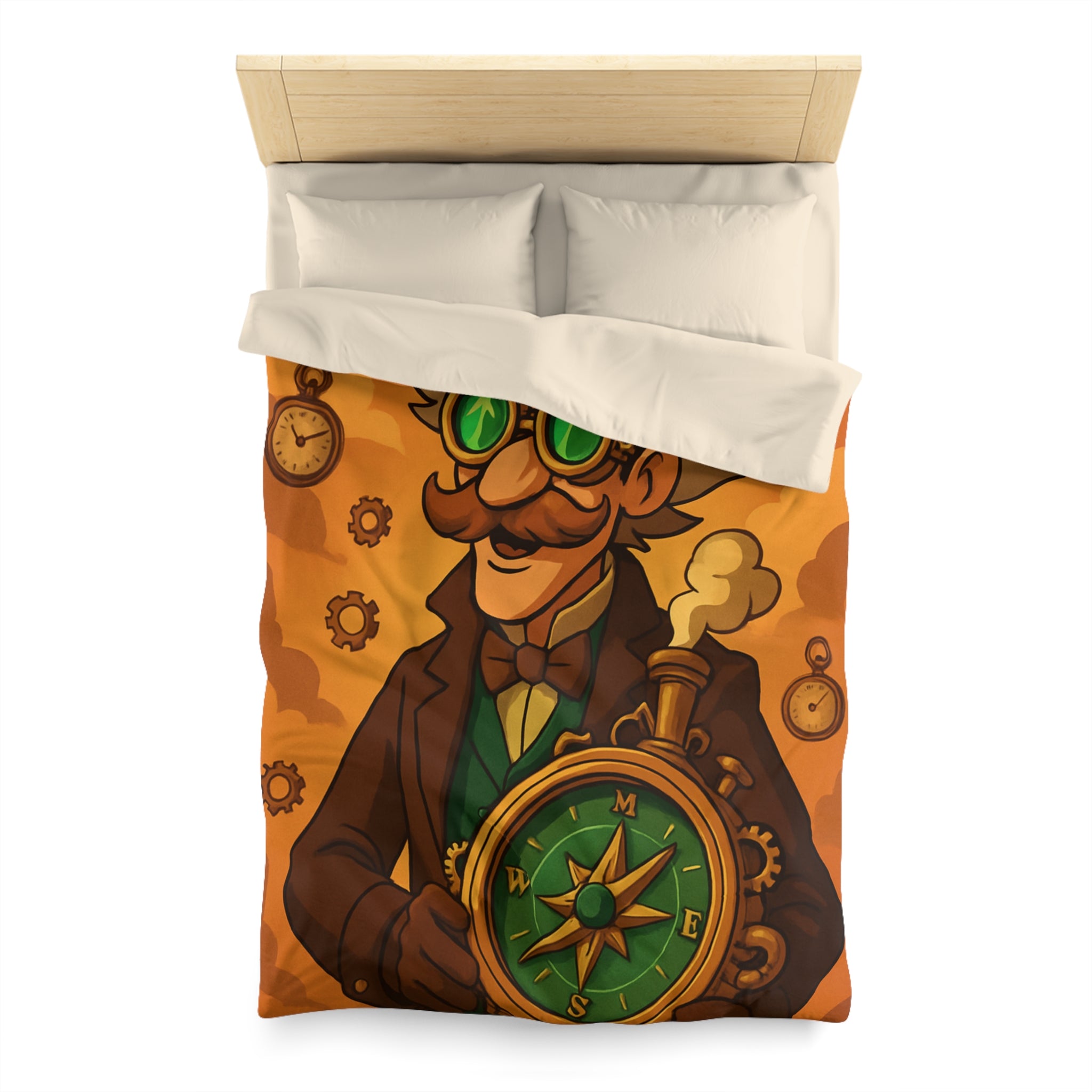 Housse de Couette Steampunk Vintage avec Boussole, Savant et Montgolfières sur Fond Sépia