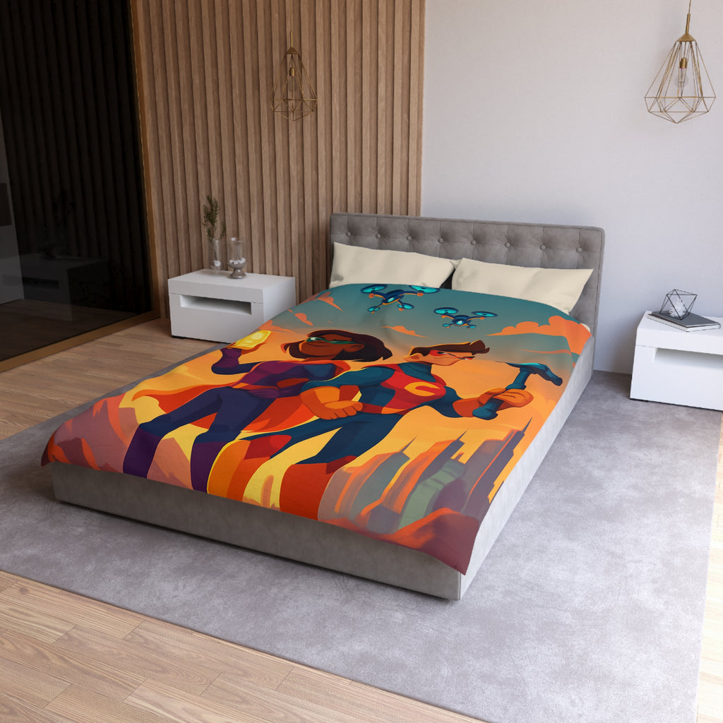 Super-héros Enfantins avec Drones dans Paysage Urbain Coloré Crépusculaire Illustré