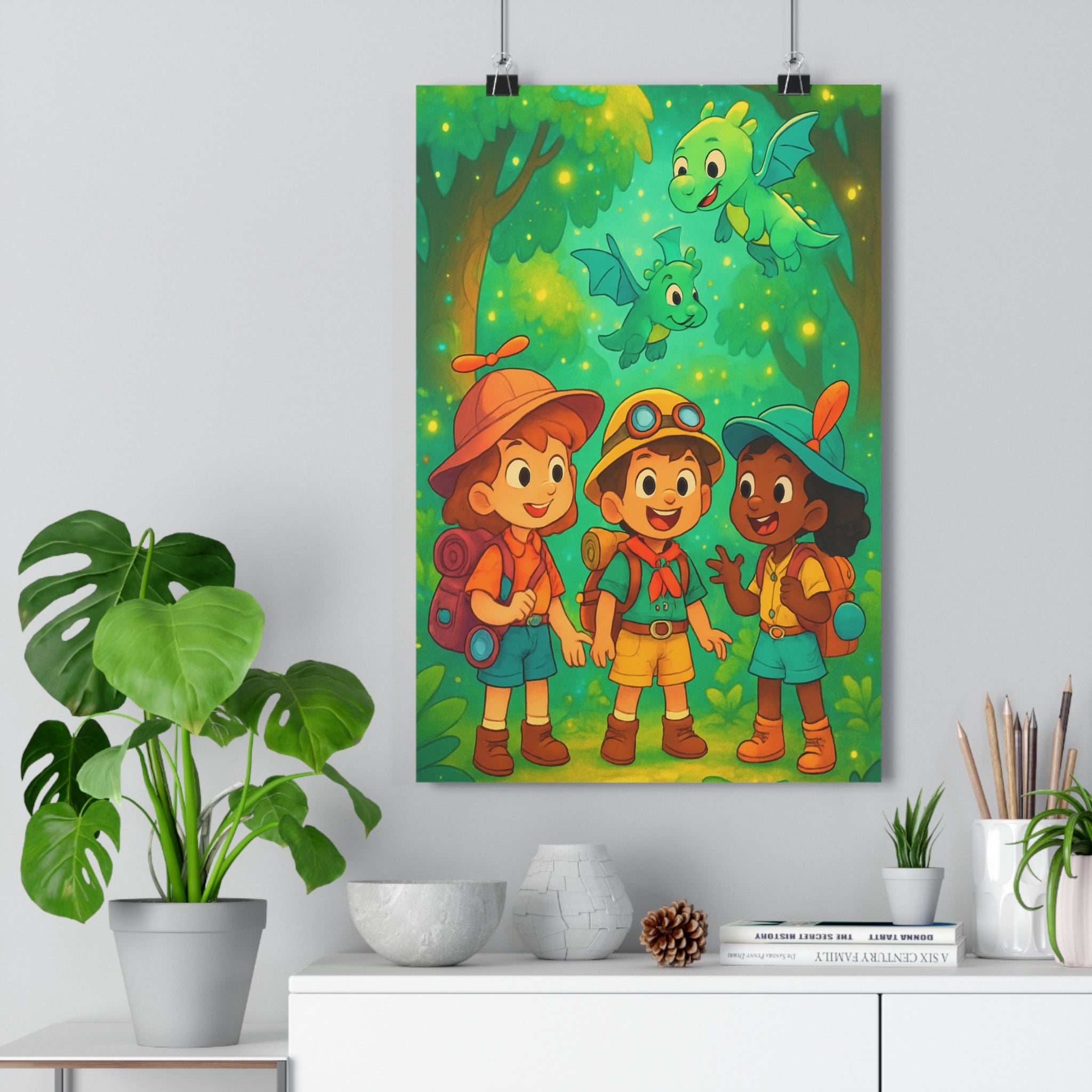 Poster décoratif cartoon enfants aventure forêt dragons vert lumineux joyeux magique chambre enfant 30x46