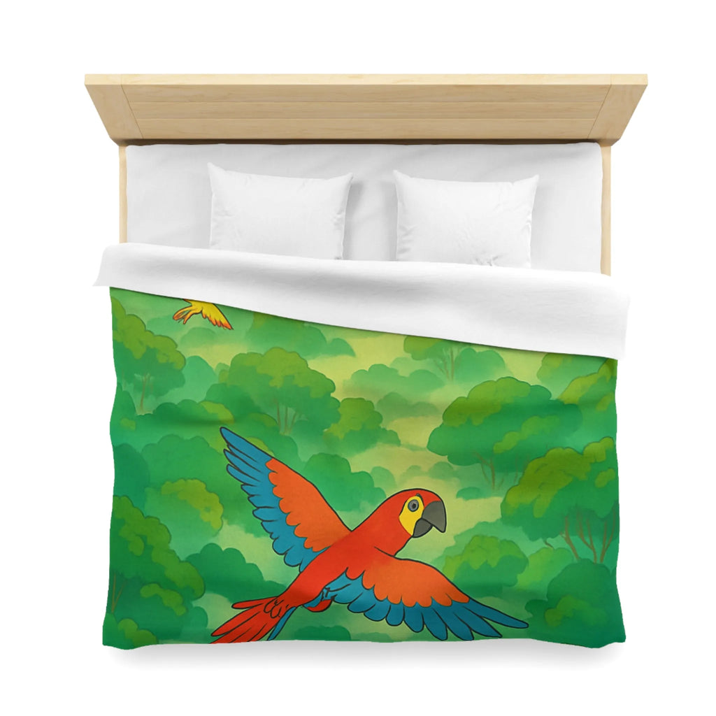 Housse de Couette Colorée Tropicale avec Perroquets et Paysage de Forêt Exotique