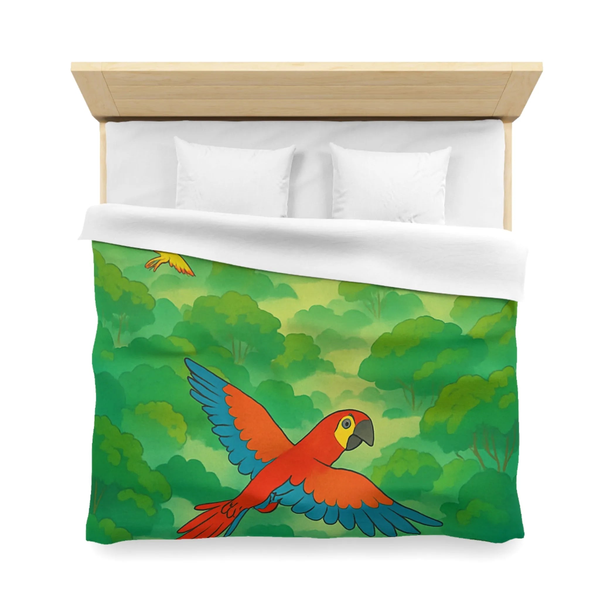 Housse de Couette Colorée Tropicale avec Perroquets et Paysage de Forêt Exotique