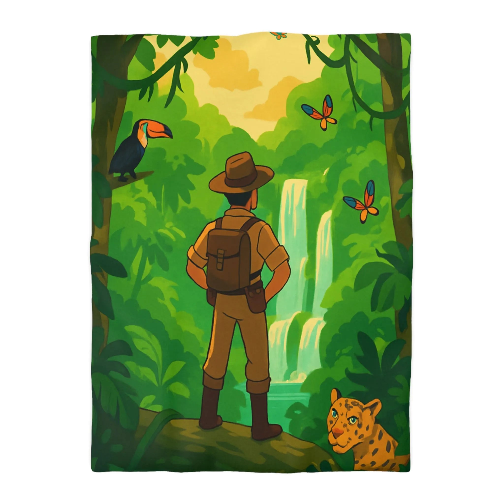 Housse de couette jungle exotique avec explorateur, toucan et paysages luxuriants