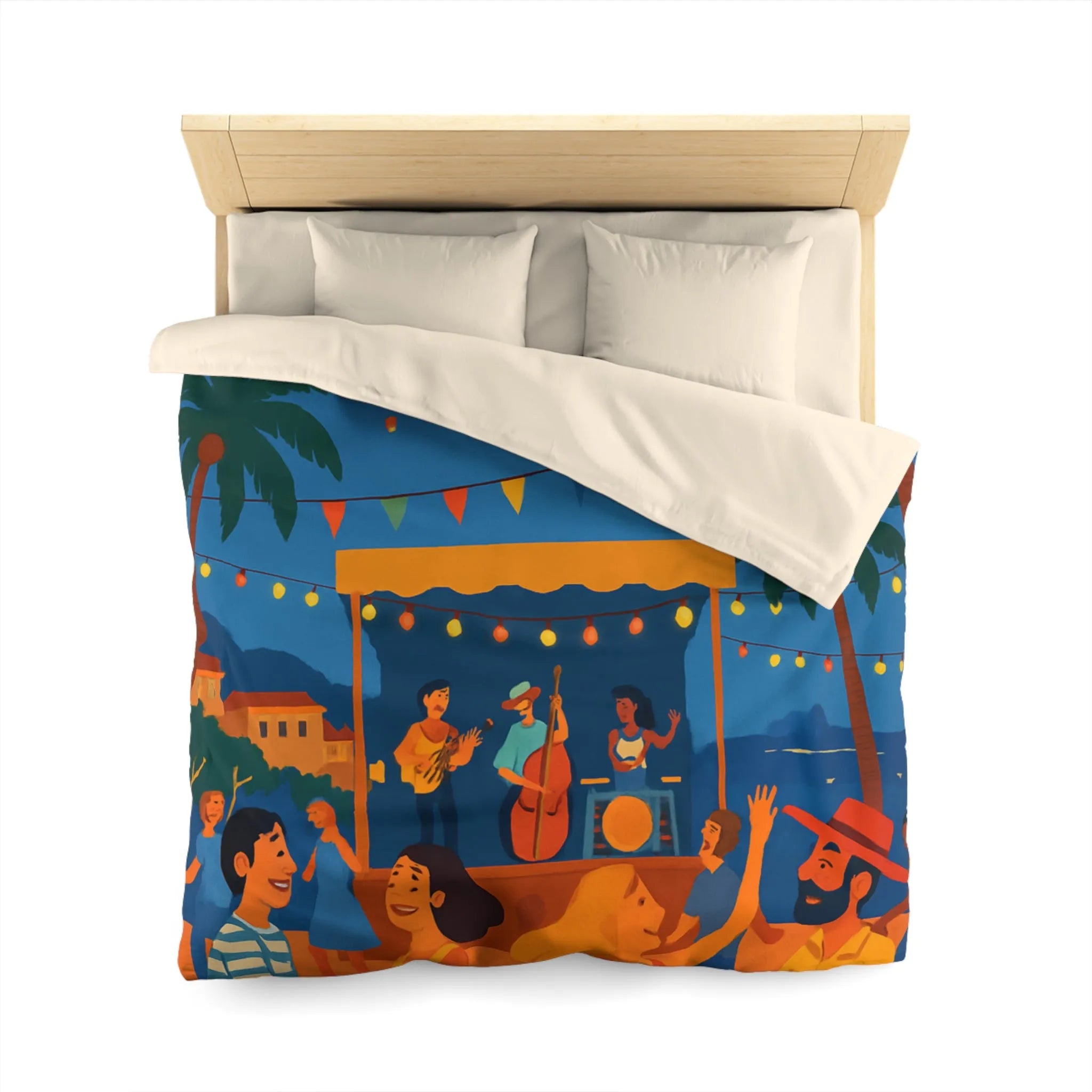 Housse de couette estivale scène festivale tropicale avec danseurs et lanternes lumineuses