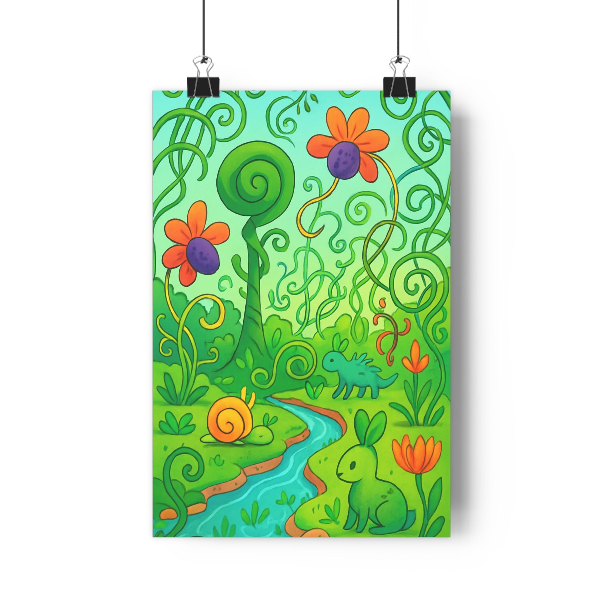 Poster décoratif nature fantastique vert orange joyeux magique chambre salon enfant contemporain tendance qualité