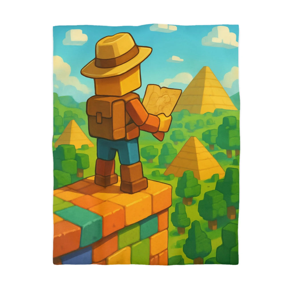 Housse de Couette Ludique Aventure Pixelisée Explorateur Carte Forêt Pyramide Enfant