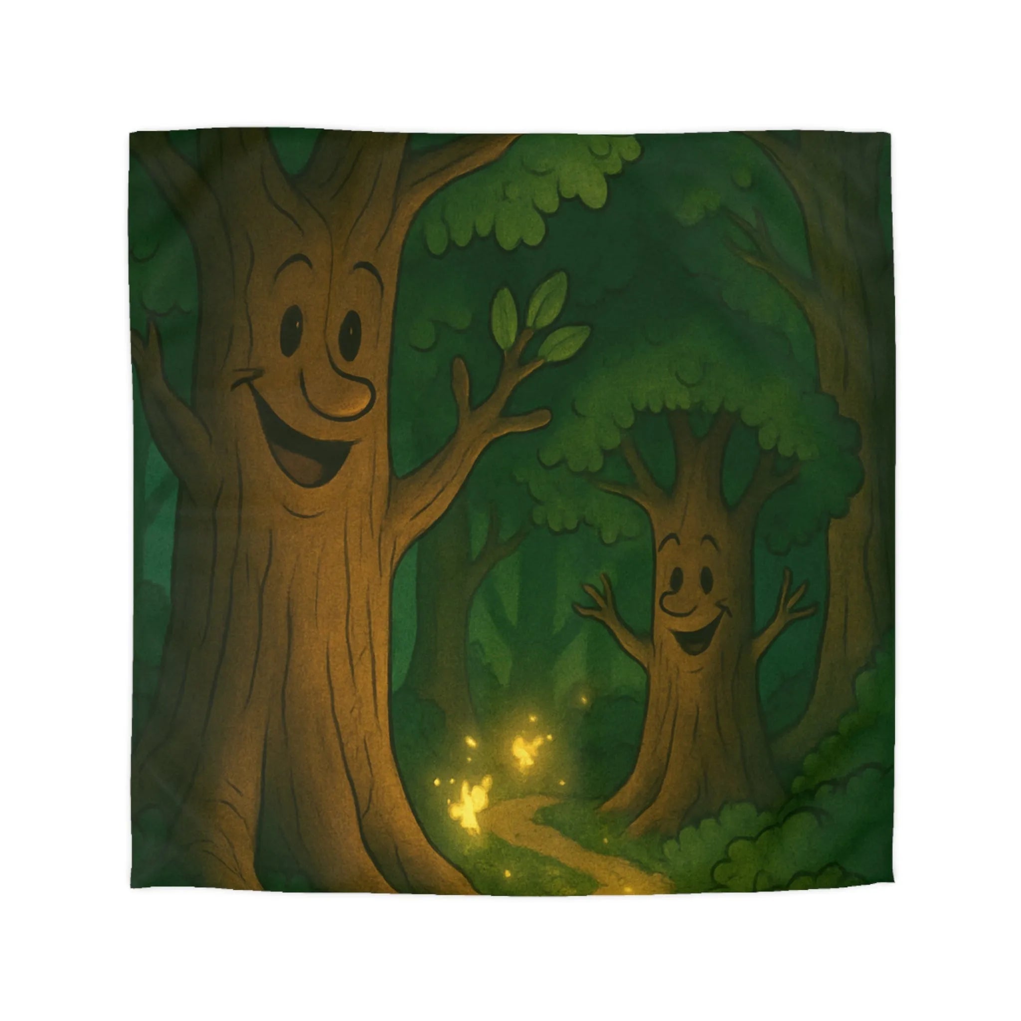 Enchanting Cartoon Forest Scene with Smiling Trees and Glowing Fireflies at Night