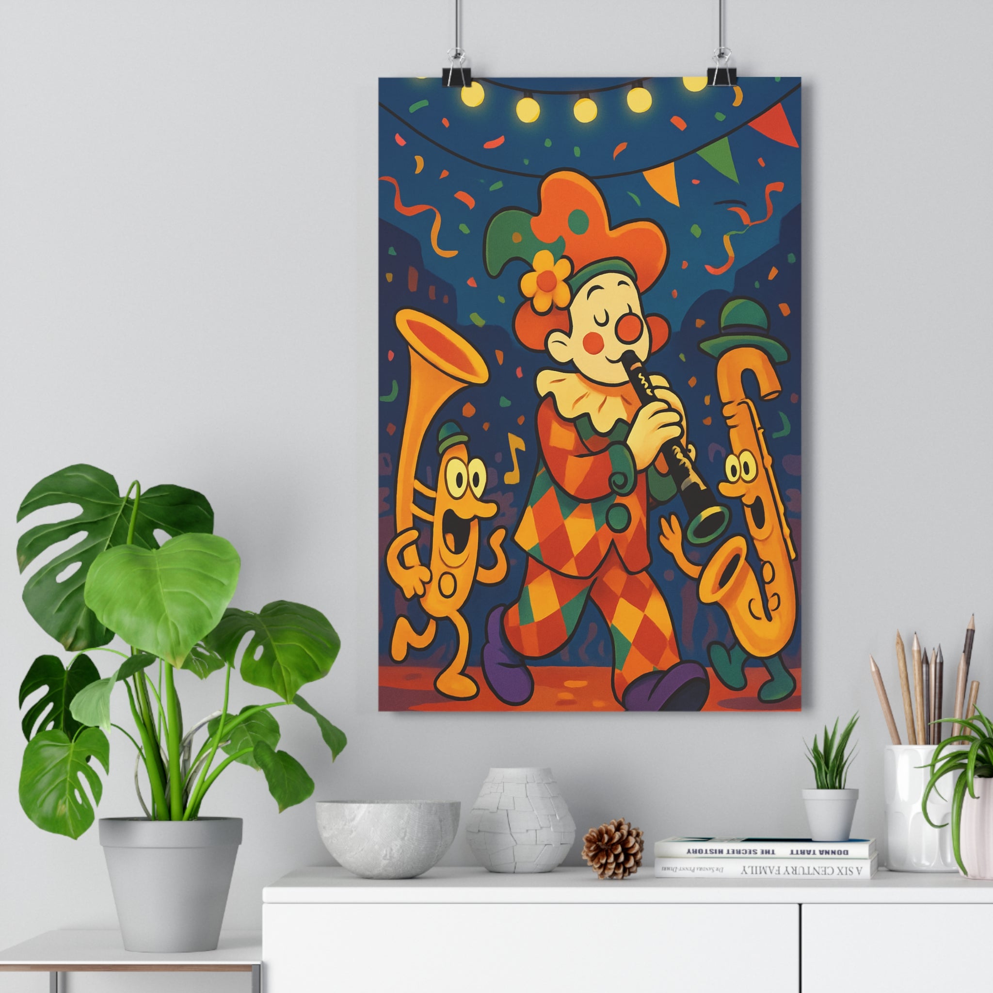 Poster décoratif cartoon jazz vibrant joyeux salon musique jaune bleu orange 30x46 scène ambiance
