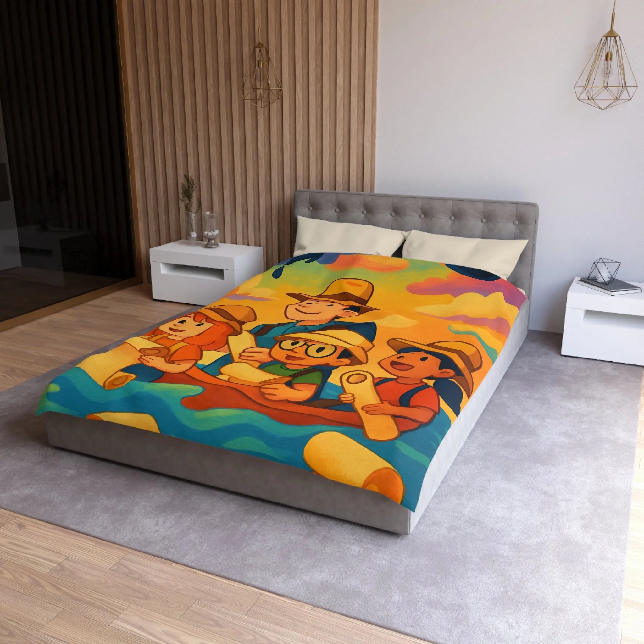 Housse de couette artistique avec aventure colorée en famille sur fond vibrantly ensoleillé