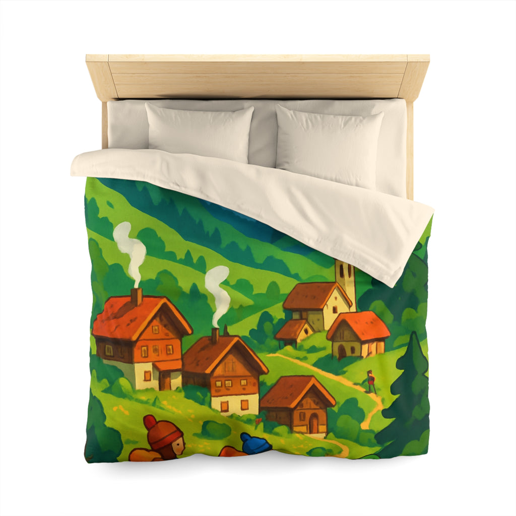 Housse de Couette Montagne avec Aventureurs, Chalets et Paysage Montagnard Enneigé