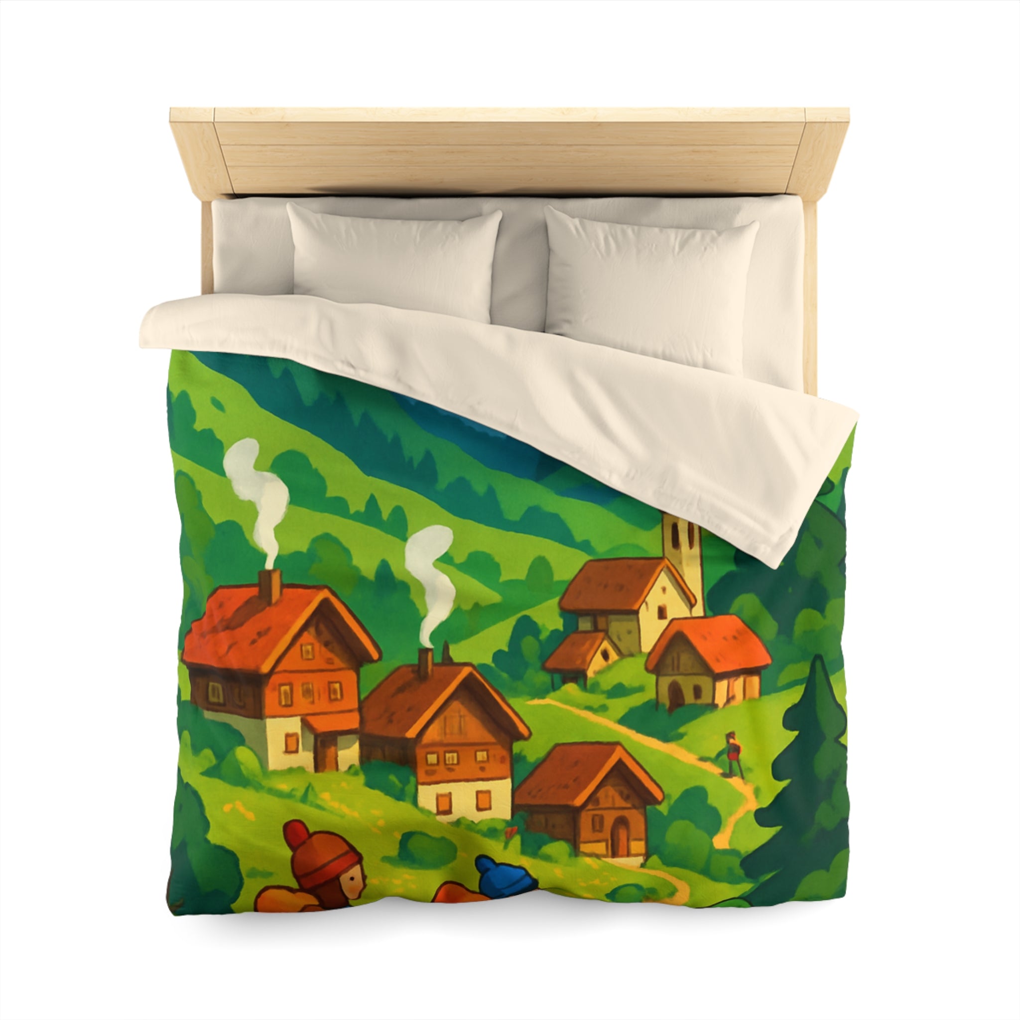 Housse de Couette Montagne avec Aventureurs, Chalets et Paysage Montagnard Enneigé