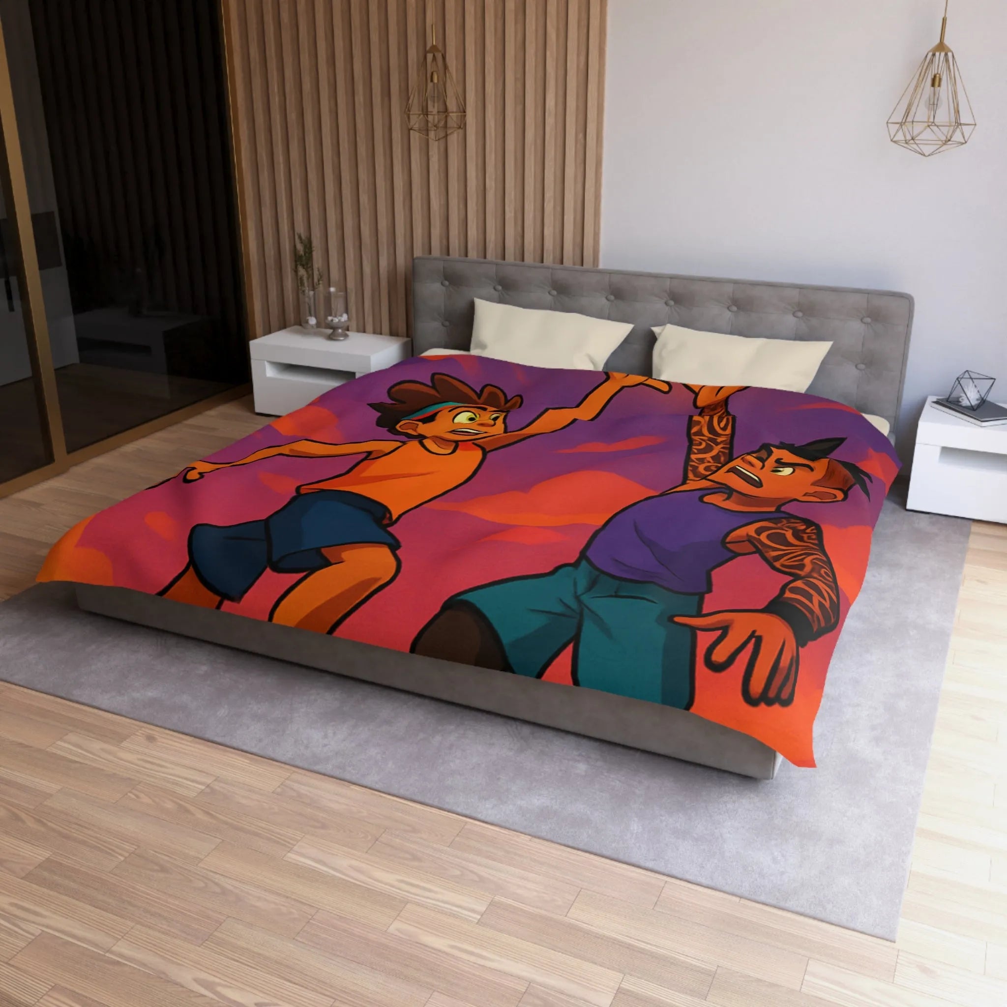 Housse de couette basketball, style dessin animé, coucher de soleil dynamique énergique