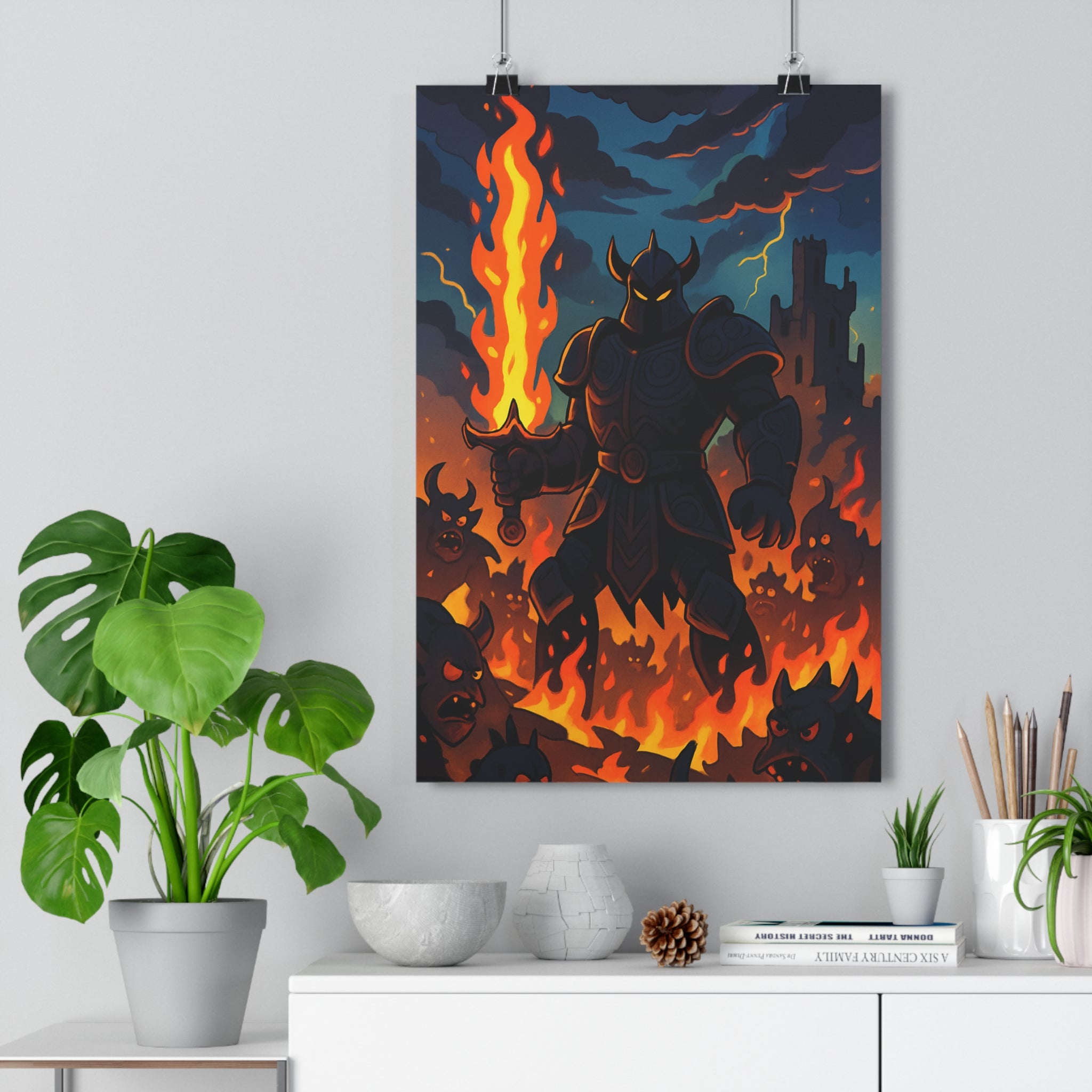 Poster décoratif guerrier épique sombre flammes rouge noir dramatique château créatures épée salon anime