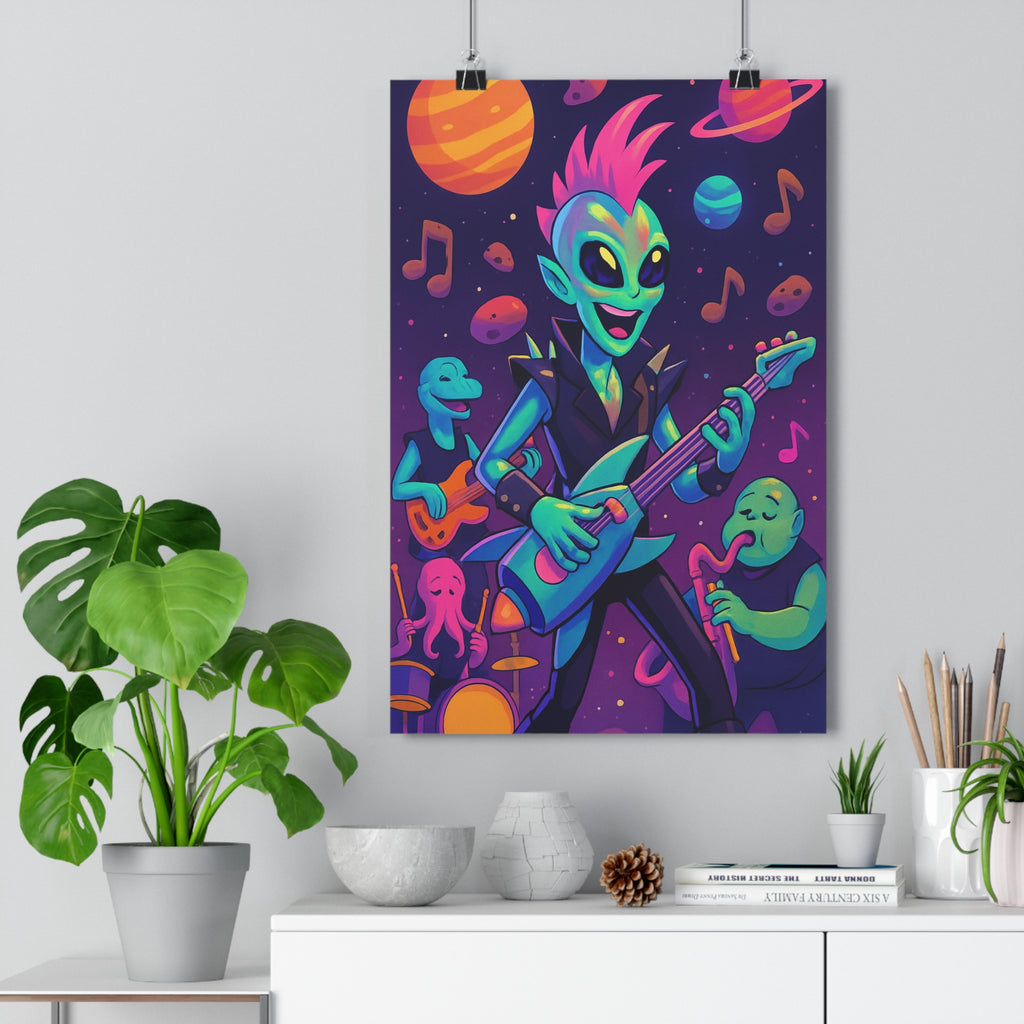 Poster décoratif cartoon futuriste coloré extraterrestres musiciens guitare interstellaire salon chambre enfant dynamique qualité