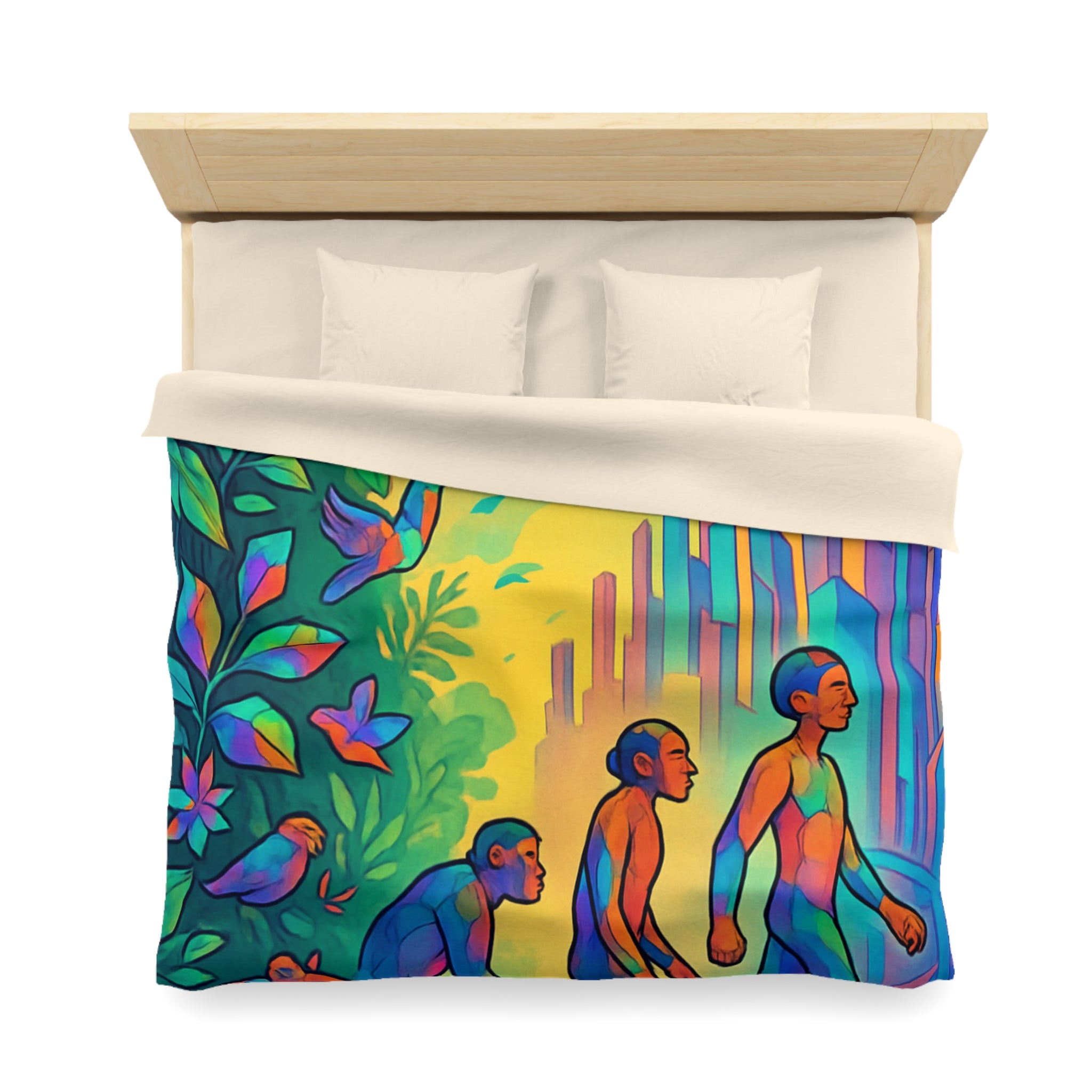 Housse de couette vibrante d'évolution humaine sur fond de jungle et de gratte-ciel