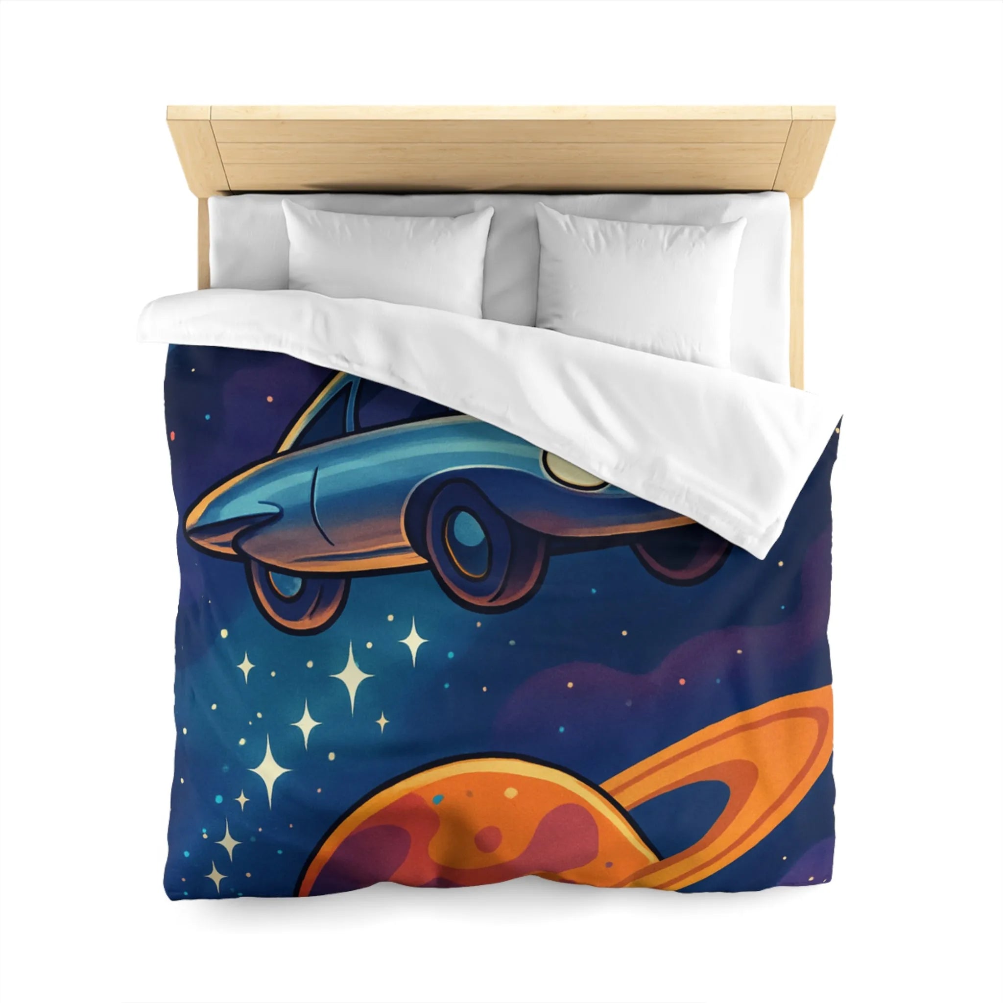 Housse de Couette Artistique Spatiale avec Voiture Volante et Planète Saturne Colorée