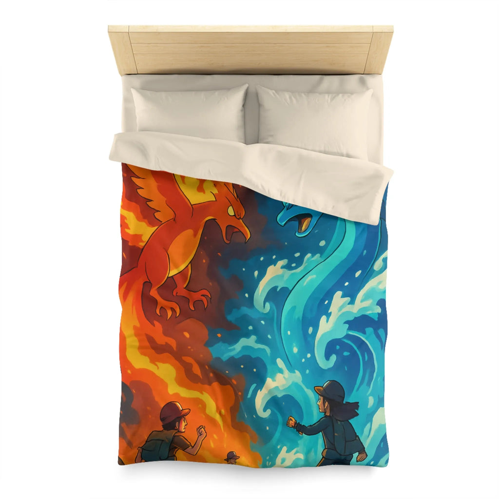 Housse de couette aventure épique avec créatures de feu et glace légendaires en duel