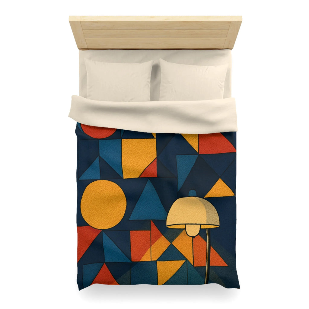 Housse de couette géométrique moderne multicolore avec motifs rétro et ambiance chaleureuse éclairée